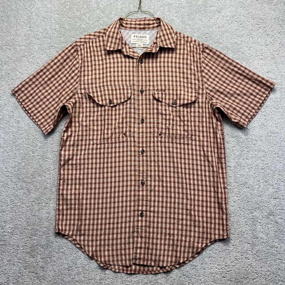 Filson Twin Lakes Sport Shirt Mens Small Brick Tan Plaid Short Sleeve Outdoors